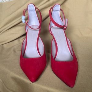 Red suede pumps with ankle strap